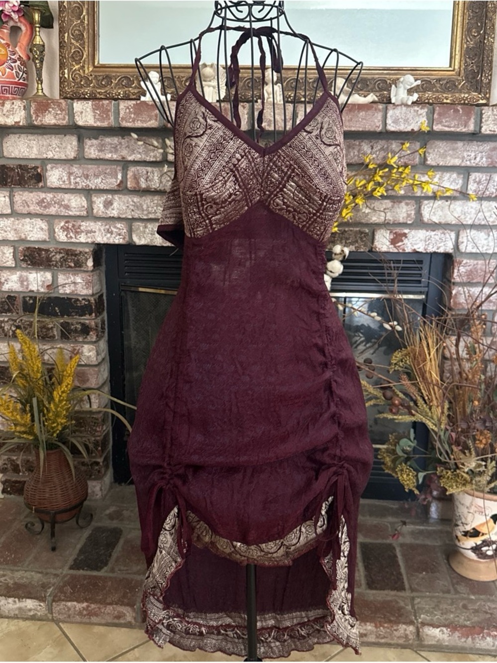 Jezebel Maroon & Gold Floral halter Cinched H-low Mini dress Gypsy Whimsy Boho
